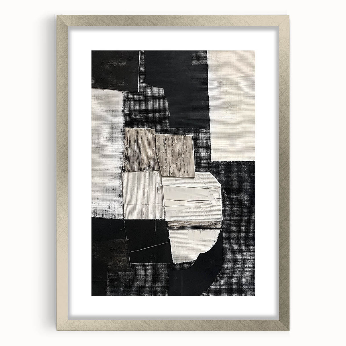 Abstract geometric frame in silver with a mat, displayed from the front view. Ideal for modern decor, showcasing clean lines and sophisticated style. Perfect for enhancing interior aesthetics in homes or offices.