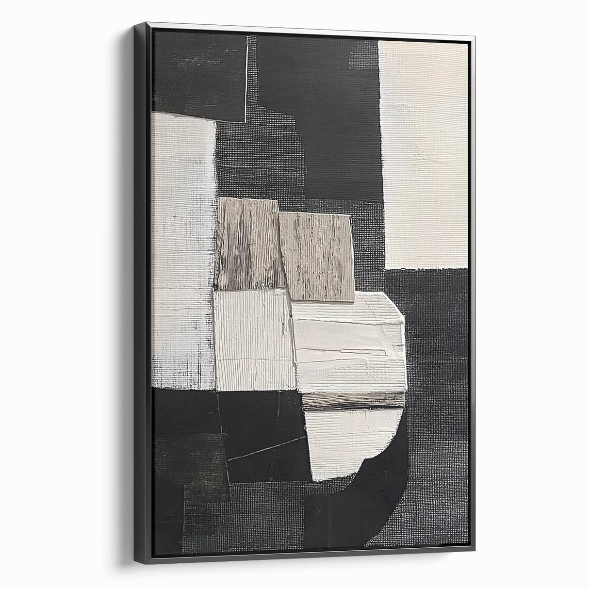 Framed abstract geometric canvas art in black, showcasing sharp angles and modern design, perfect for contemporary home decor. Side view highlights the sleek frame and artistic depth. Ideal for minimalist or urban-themed interiors.