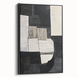 Framed abstract geometric canvas art in black, showcasing sharp angles and modern design, perfect for contemporary home decor. Side view highlights the sleek frame and artistic depth. Ideal for minimalist or urban-themed interiors.