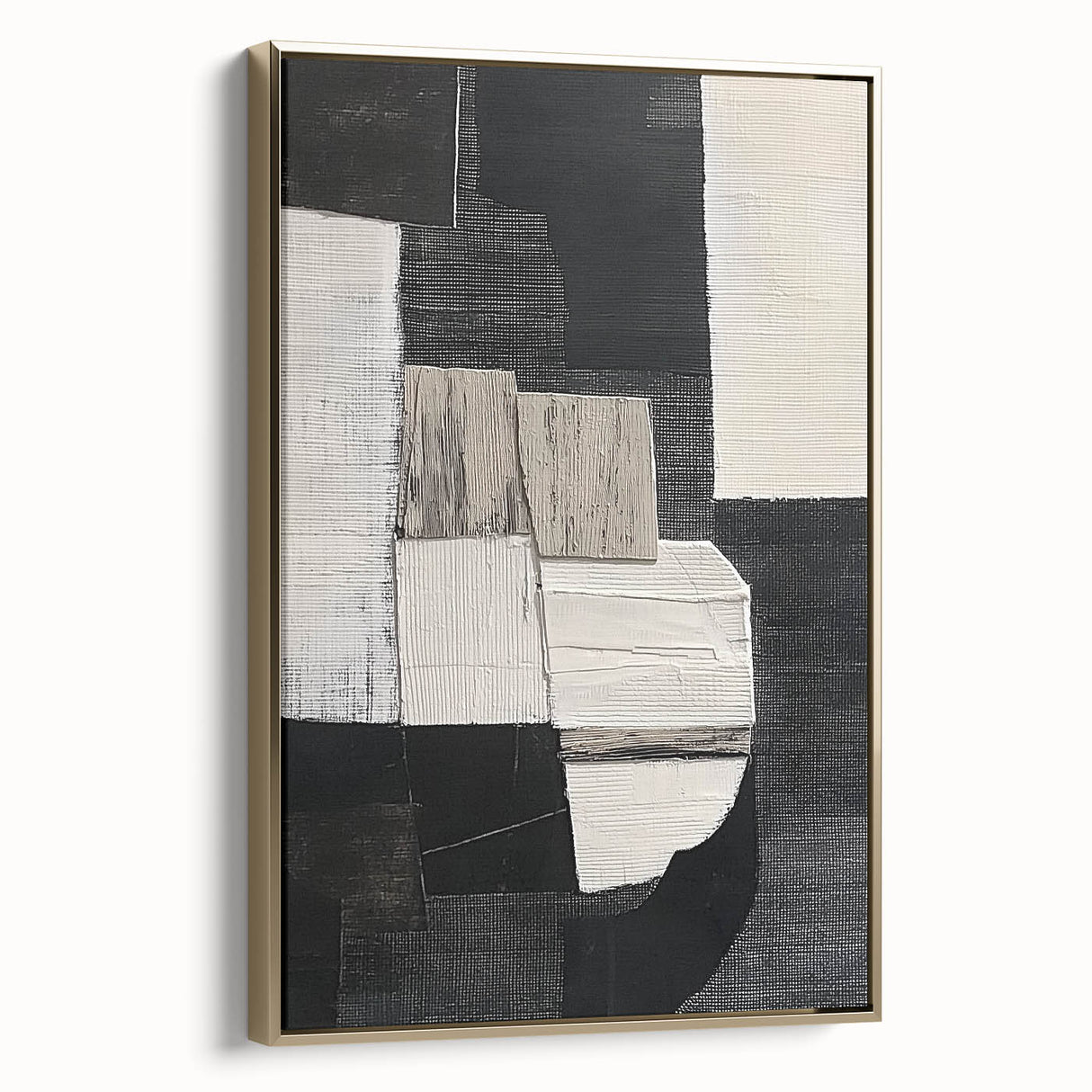 Framed abstract geometric canvas art in gold tones, showcasing a modern design with sharp angles and clean lines, perfect for contemporary home decor.