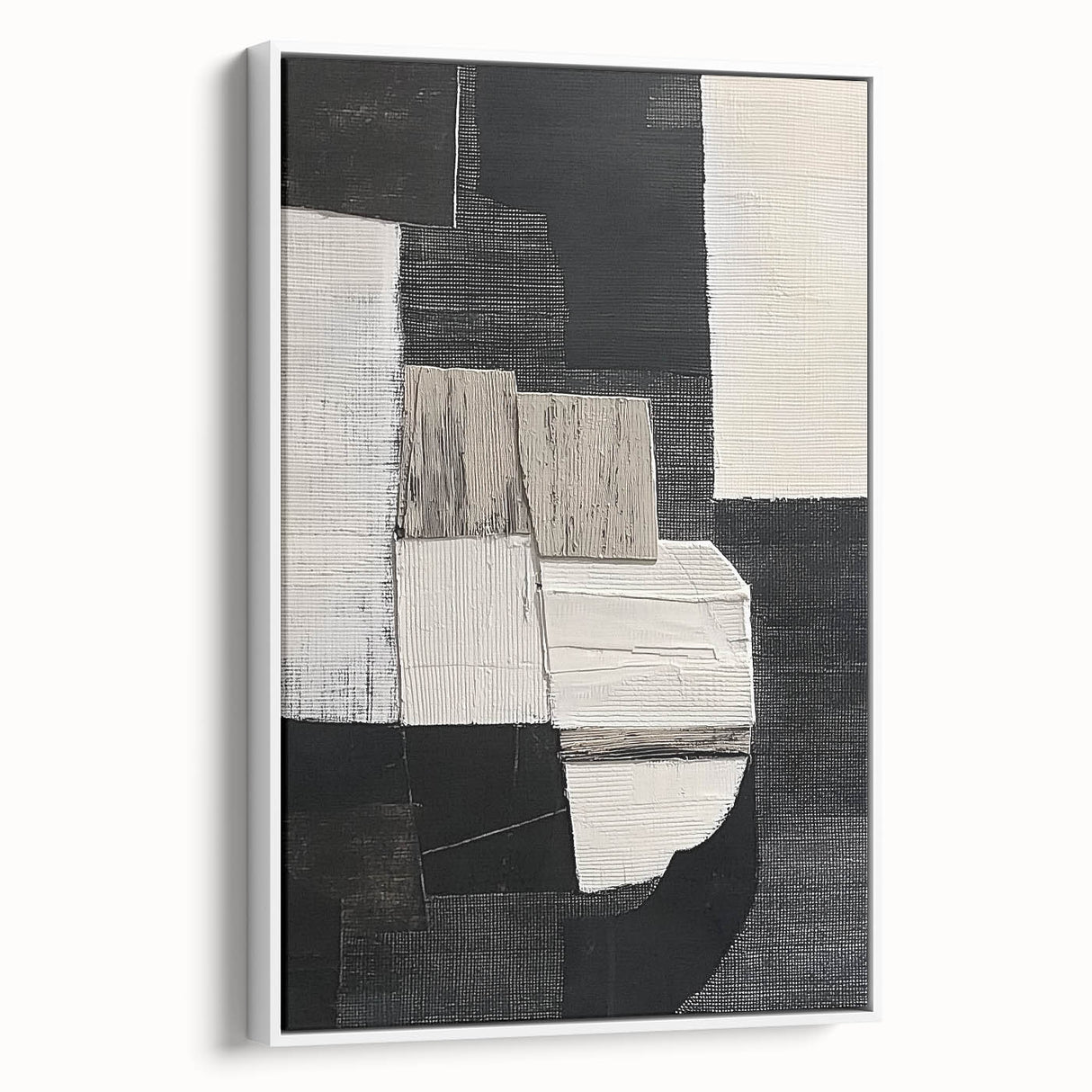 Abstract geometric framed canvas art featuring a white background with bold, colorful shapes, showcasing modern design suitable for contemporary decor.