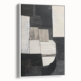 Abstract geometric framed canvas art featuring a white background with bold, colorful shapes, showcasing modern design suitable for contemporary decor.