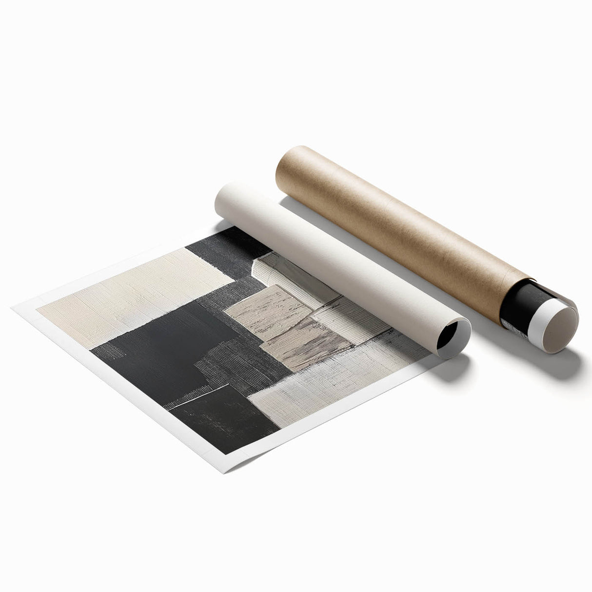 Abstract geometric rolled print showcasing vibrant shapes and colors, elegantly packaged in a protective cardboard tube, ideal for modern decor. Perfect for adding a contemporary touch to any space.