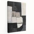 Abstract geometric stretched canvas artwork showcasing vibrant colors and intricate shapes, perfect for modern home decor. Side view highlights depth and craftsmanship.