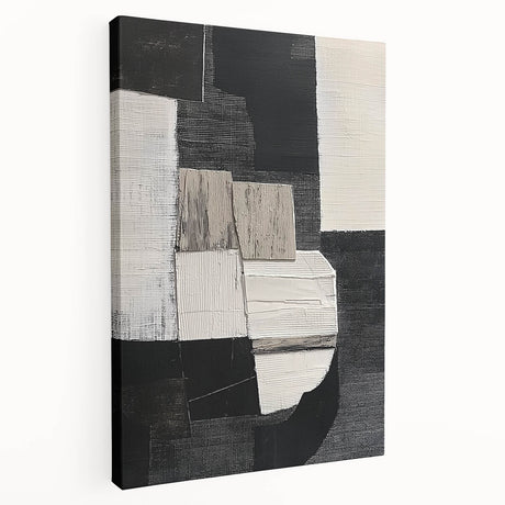 Abstract geometric stretched canvas artwork showcasing vibrant colors and intricate shapes, perfect for modern home decor. Side view highlights depth and craftsmanship.