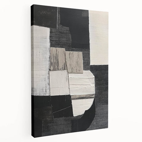 Abstract geometric stretched canvas artwork showcasing vibrant colors and intricate shapes, perfect for modern home decor. Side view highlights depth and craftsmanship.