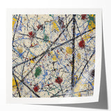 Abstract design featuring colorful splatters on a glossy canvas print mockup, showcasing vibrant hues of blue, yellow, and red, ideal for modern art decor.