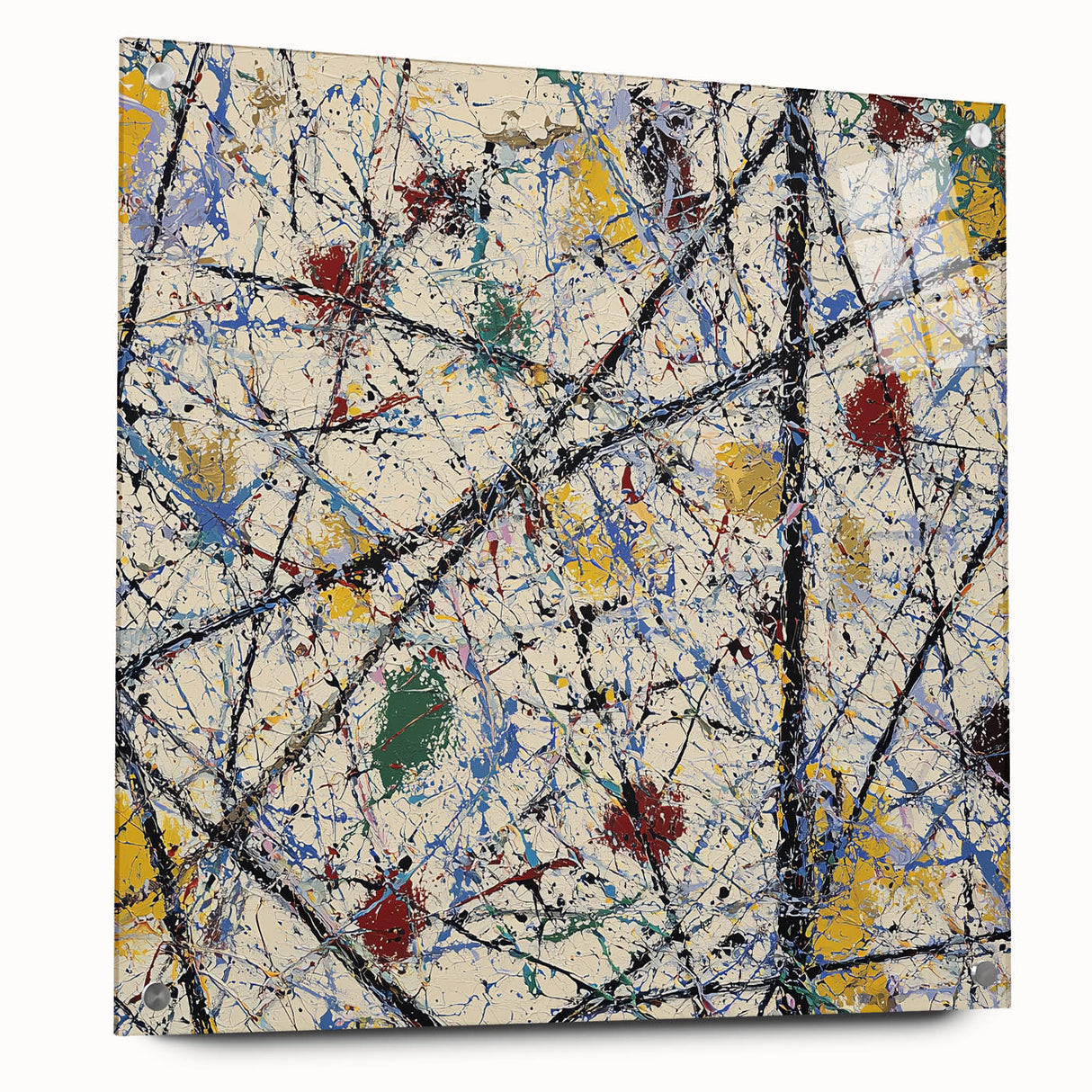 Abstract acrylic glass art piece featuring vibrant splatters in an array of colors, displayed side view with decorative pins. Ideal for modern decor and art enthusiasts.