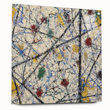Abstract acrylic glass art piece featuring vibrant splatters in an array of colors, displayed side view with decorative pins. Ideal for modern decor and art enthusiasts.
