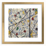 Abstract splatter art frame in gold, showcasing vibrant colors and dynamic patterns, perfect for modern decor. The mat adds depth, enhancing its visual appeal.