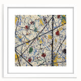 Abstract splatter art frame with a white mat, showcasing vibrant paint splashes in various colors, perfect for modern home decor or gallery display.