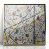 Framed abstract art piece showcasing vibrant gold splatters on a stark white background, perfect for modern home decor. Ideal for adding a touch of elegance and creativity to any space.