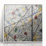 Framed acrylic artwork showcasing an abstract splatter design in vibrant colors, set against a white background, ideal for modern home decor.