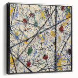 Framed canvas artwork displaying an abstract splatter design in black, showcasing a sleek side view that highlights its modern aesthetic and textured finish, perfect for contemporary home decor.
