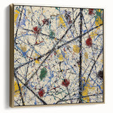Framed abstract canvas artwork showcasing dynamic silver and gold splatters against a textured background, ideal for modern home decor or art enthusiasts.