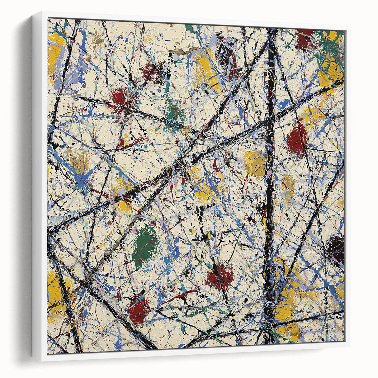 Framed abstract canvas print with colorful splatters on a white background, showcasing a modern art design. Ideal for contemporary home decor.