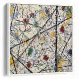Framed abstract canvas print with colorful splatters on a white background, showcasing a modern art design. Ideal for contemporary home decor.