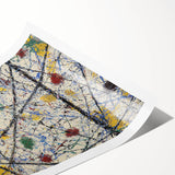 Abstract splatter artwork on rolled canvas, showcasing vibrant colors and dynamic patterns, ideal for modern home decor, presented in protective packaging.