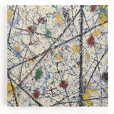 Colorful abstract splatter art on stretched canvas, showcasing vibrant hues of blue, yellow, and red, perfect for modern home decor. Ideal for adding a dynamic touch to any space.