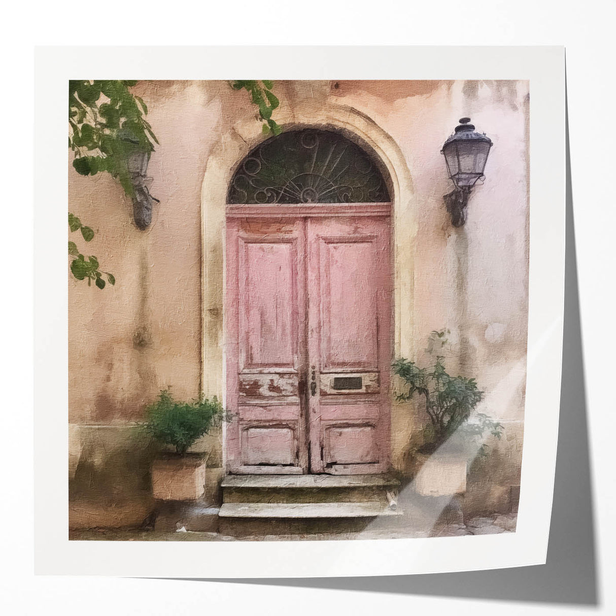Extra large wall art of a French door design in muted earth tones on glossy photo paper, ideal for art wall dining room.