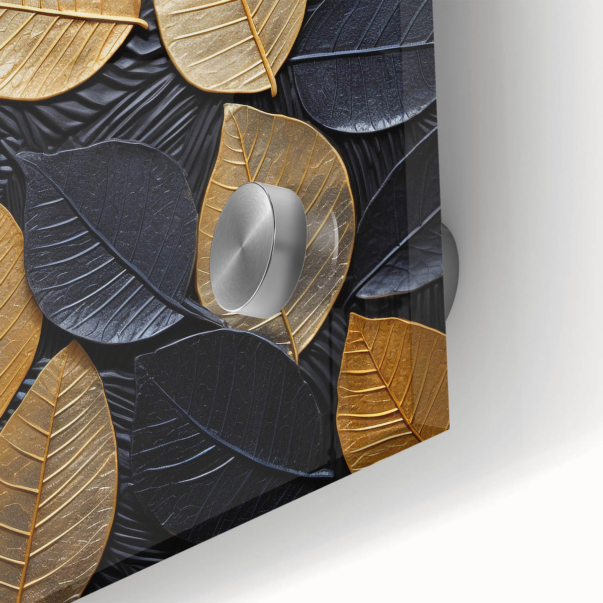 Close-up of vibrant wall art featuring flowers and botanical leaves on acrylic glass, showcasing intricate details and rich colors ideal for home decor.