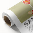 Art Deco poster of fruits in bold orange and yellow tones on rolled canvas, ideal for dining room wall art.