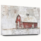 Acrylic glass wall art featuring a scenic landscape of a rustic barn, displayed from a side view with decorative pins, perfect for enhancing home decor.