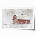 Rolled landscape barn wall art print showcasing a rustic red barn surrounded by lush green fields under a bright blue sky, presented in a protective cardboard tube. Ideal for country-themed decor.