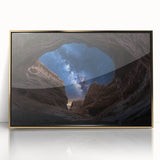 Framed acrylic artwork showcasing a stunning landscape of canyons, featuring rich gold accents and vibrant colors, perfect for home decor or office space enhancement.