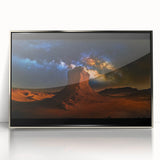 Framed acrylic artwork showcasing a vibrant desert landscape with rich colors, perfect for adding a touch of elegance to home decor. The artwork is set in a sleek silver frame, enhancing its modern aesthetic.