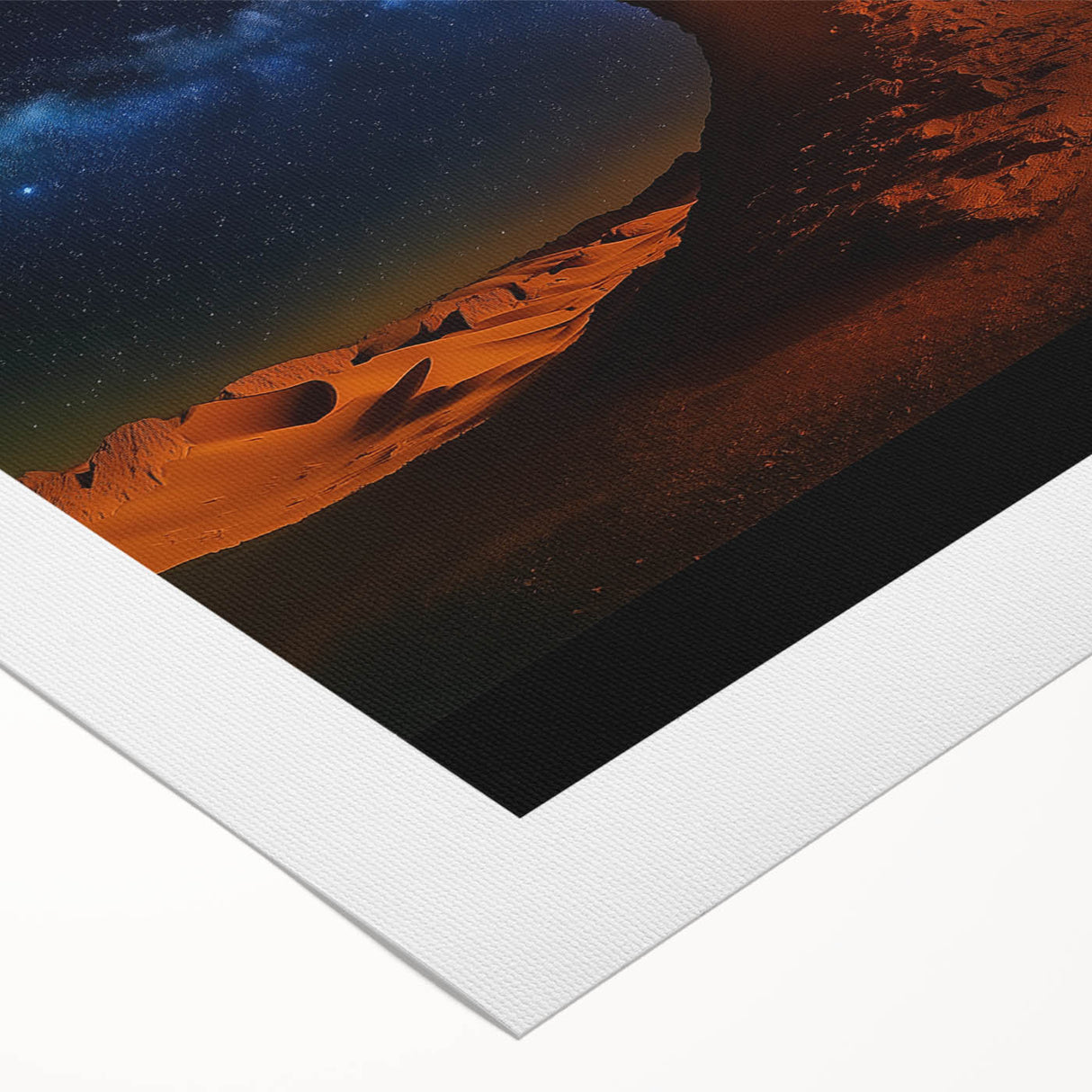 Desert landscape rolled canvas showcasing vibrant hues of orange and yellow, depicting sunlit dunes and a clear blue sky, elegantly packaged in a protective tube.