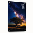 Acrylic glass artwork displaying a vibrant landscape scene with rolling fields, showcased from a side view with silver pins accentuating the design. Ideal for modern home decor.