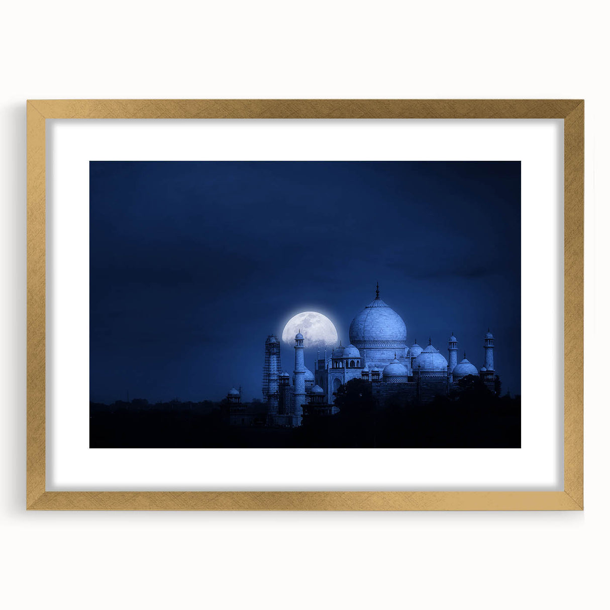 Extra large textured abstract art print depicting an abstract Indian landscape in gold and earth tones, framed with mat.