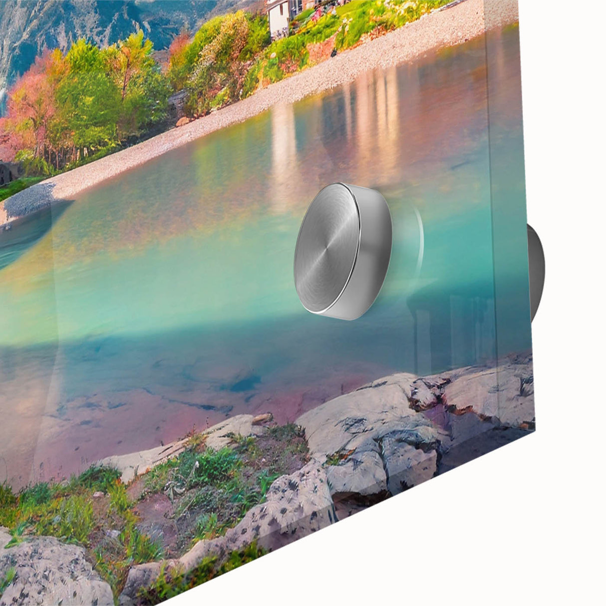 Large abstract wall art depicting a European Albanian landscape in muted earth tones on acrylic glass.