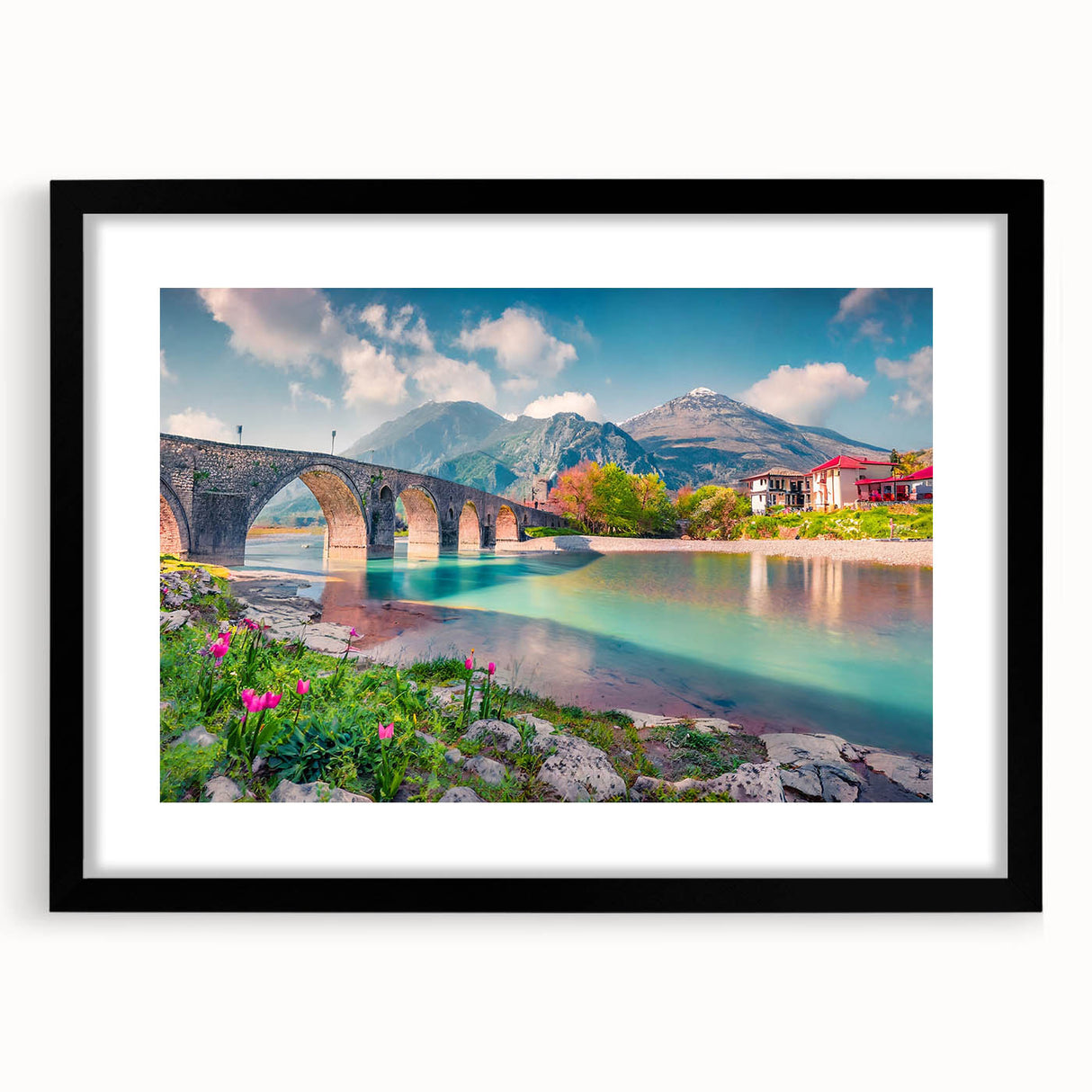 Extra large textured abstract art print depicting vibrant European scenery on a framed black mat.