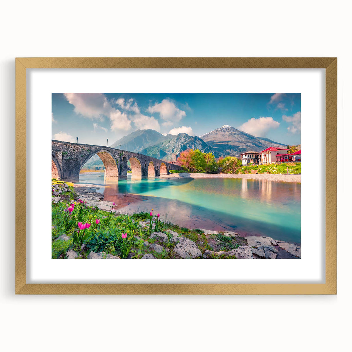 Textured abstract art print depicting a European scenery in muted earth tones, framed in gold, ideal for bedroom art.