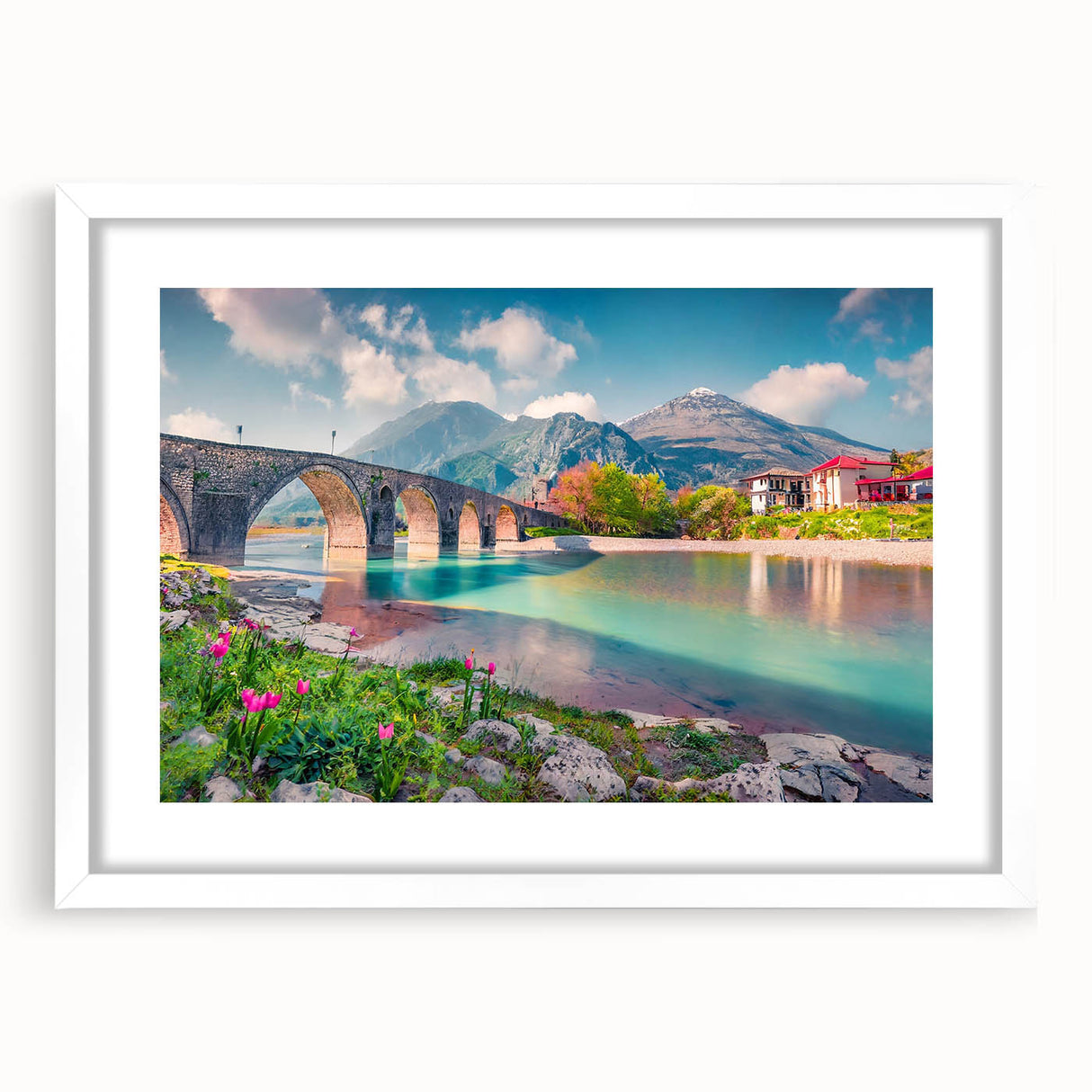 Extra large abstract art print depicting a textured European scenery in muted earth tones, framed with a white mat.