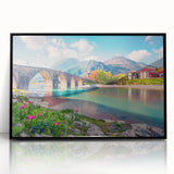 Large abstract wall art depicting European scenery in Albania, with muted earth tones on a black framed acrylic.