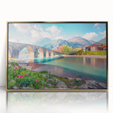 Mid-century modernist art depicting a European Albanian landscape in muted earth tones on a framed acrylic panel.