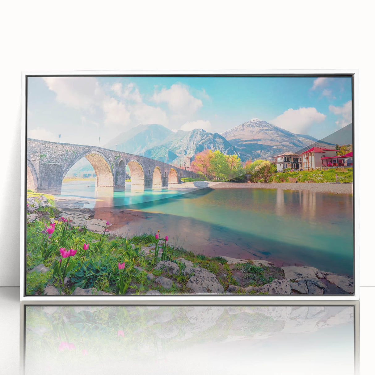 Large art print of a European Albanian scenery in mid-century modernist style, framed in white acrylic.