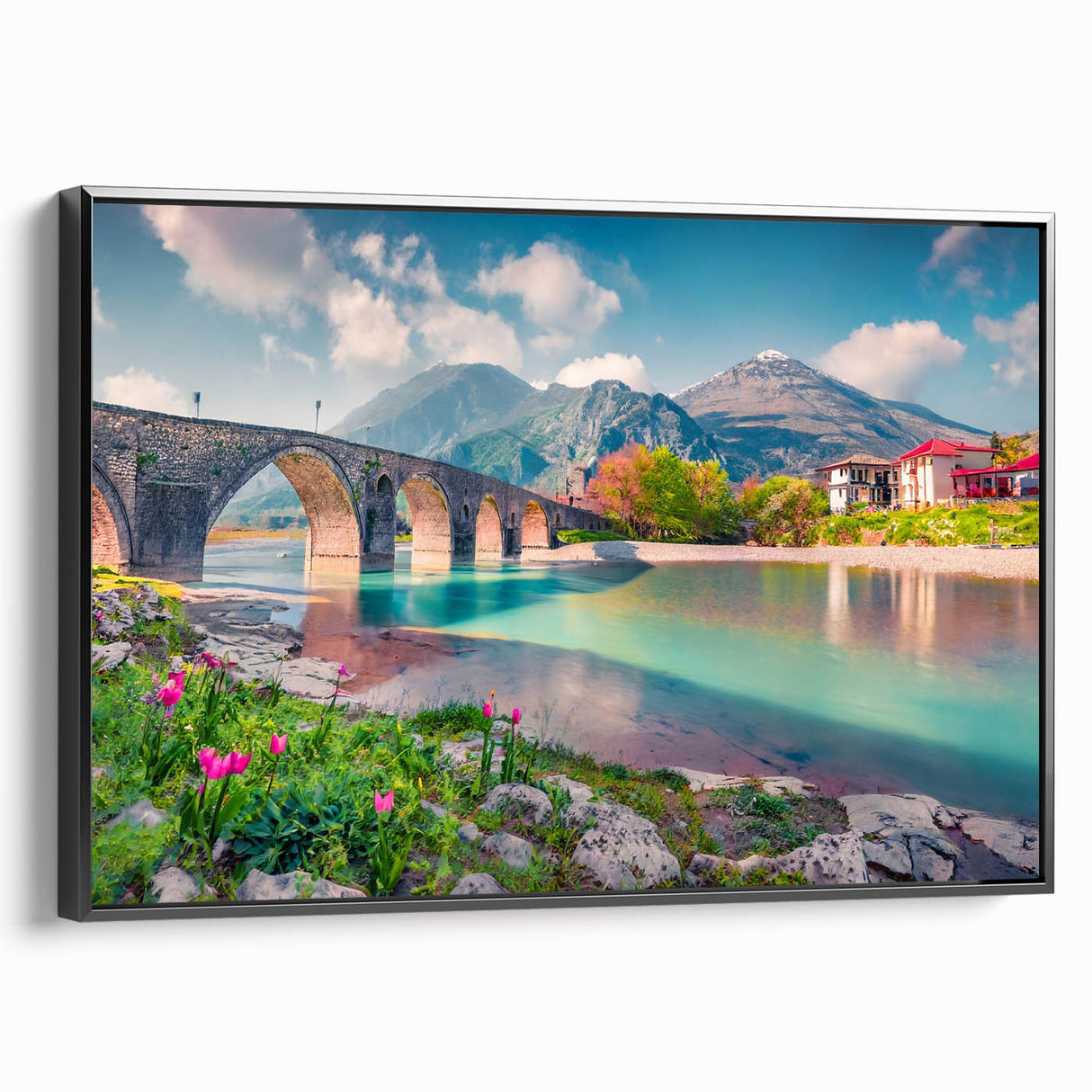 Black and white vintage poster art of an Albanian landscape on framed canvas, ideal for bedroom wall decor.