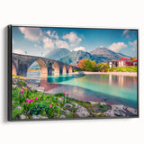 Black and white vintage poster art of an Albanian landscape on framed canvas, ideal for bedroom wall decor.