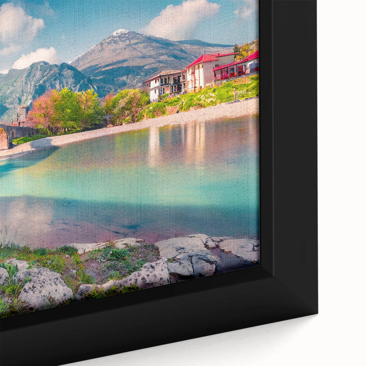 Extra large framed canvas featuring a textured, colorful European Albanian scenery in black, ideal for living room decor.