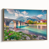 Extra large framed canvas depicting a colorful vintage poster art of a European Albanian scenery.