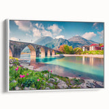 Framed canvas depicting a colorful Albanian landscape in vintage poster style, ideal for living room decor.
