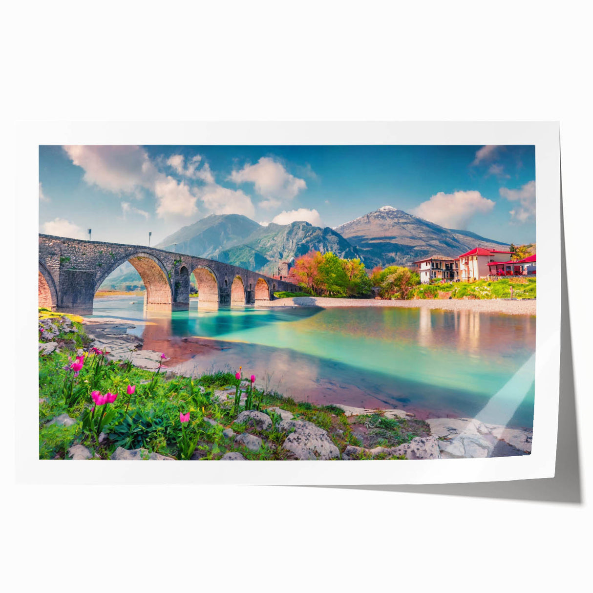 Extra large rolled print depicting a serene Albanian landscape in soft pastel tones, ideal for art wall dining room.