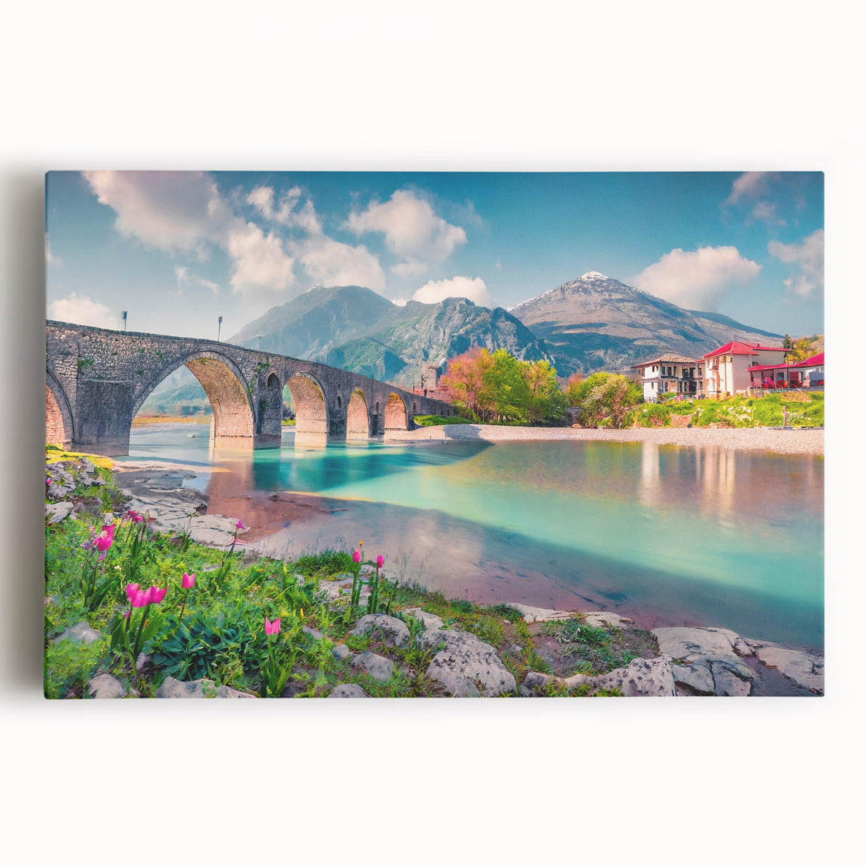 Black and white stretched canvas of Albanian scenery, ideal for kitchen wall art or bedroom ambiance.