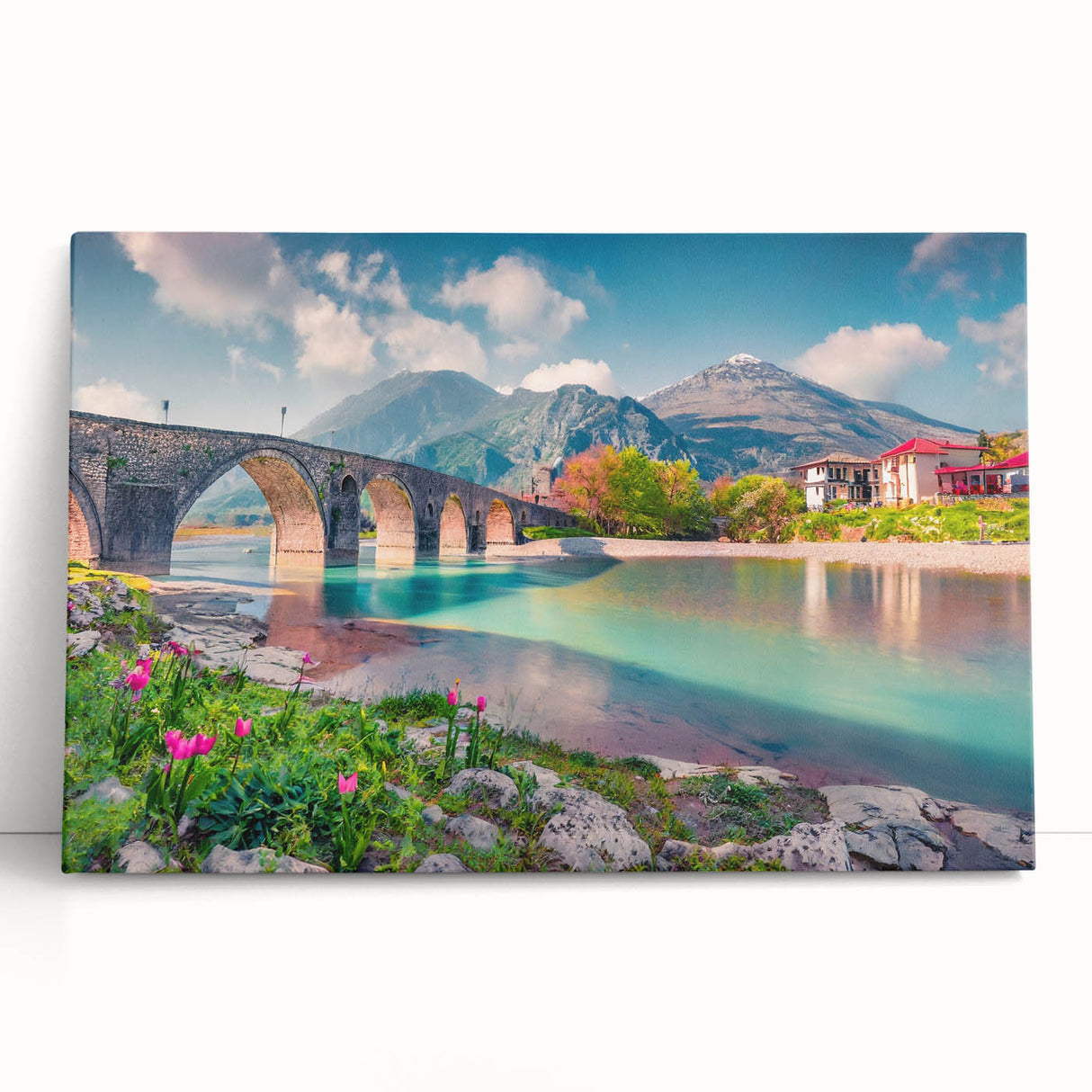 Black and white photograph of a European street on large stretched canvas, suitable for kitchen wall art.