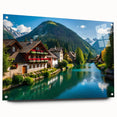 Acrylic print of a European landscape featuring lush greenery and a distant mountain, ideal for dining room decor.