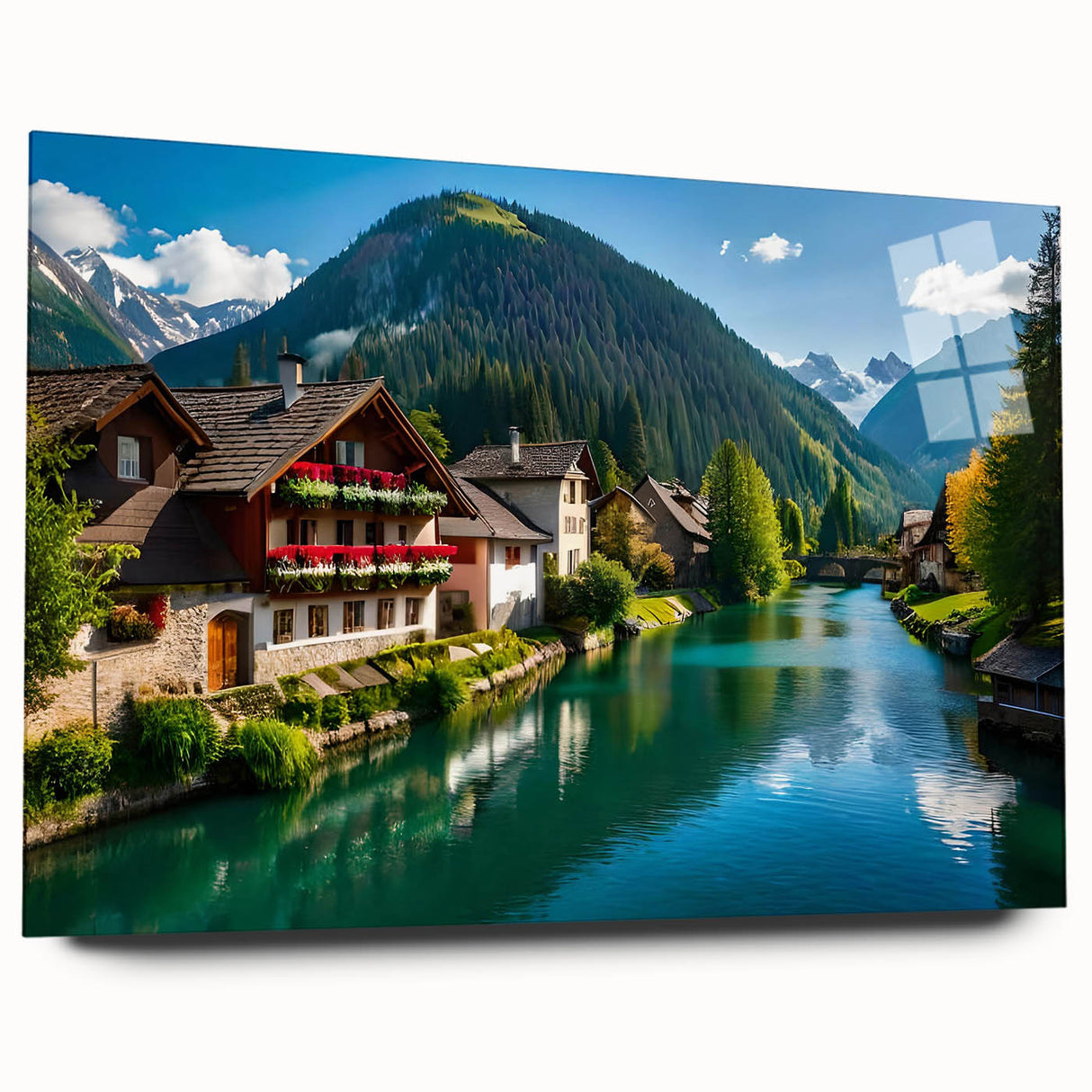 Large abstract wall art depicting a European scenery in muted earth tones on acrylic glass.